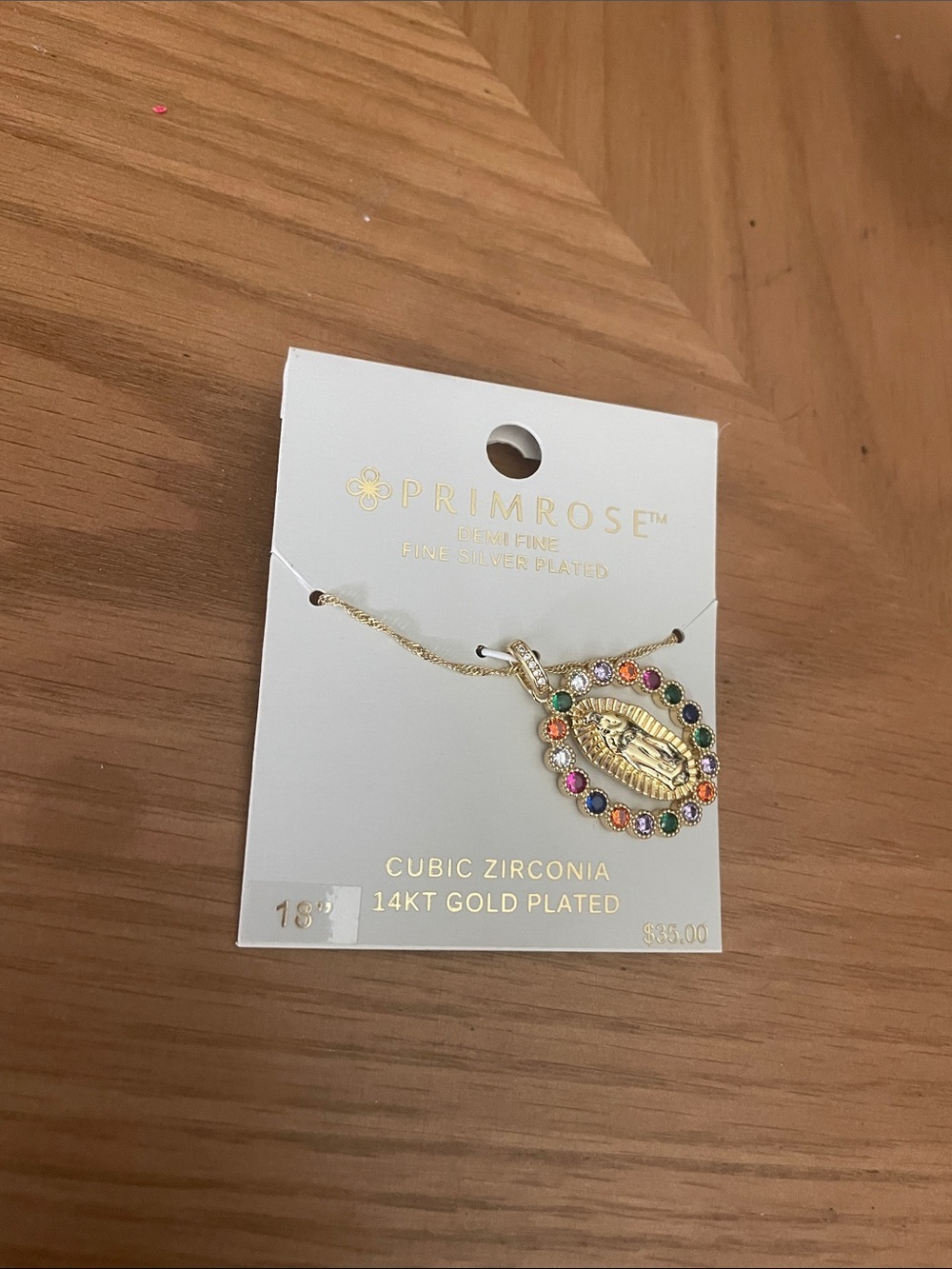 Primrose 14KT Gold Plated Multicolor Cubic Zirconia Virgin Mary Pendant Necklace